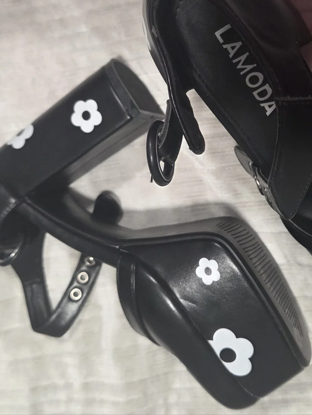 Lamoda Black Platform Mary Jane Heels with White Floral Appliqué